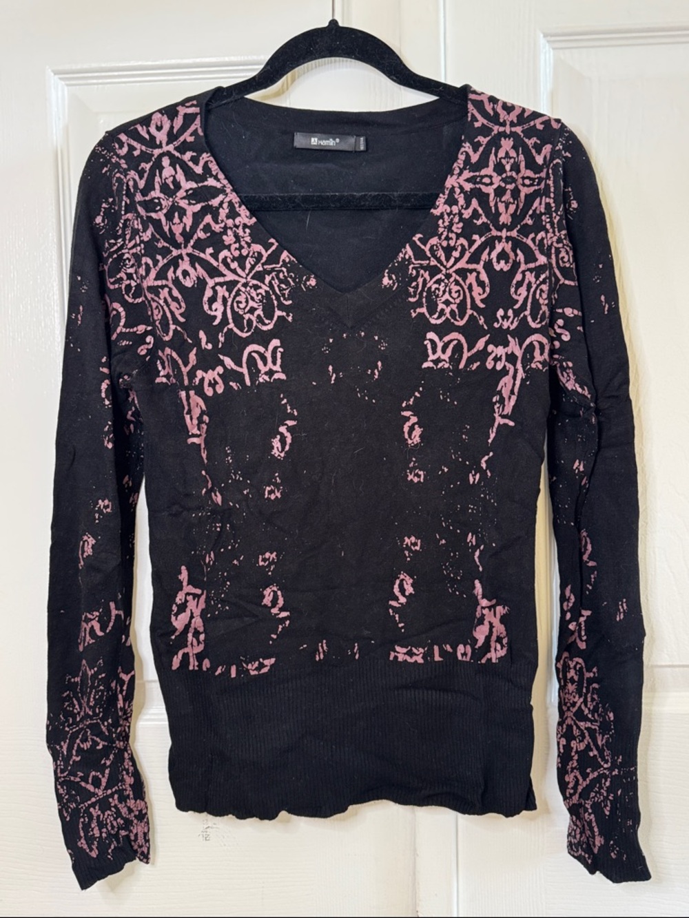 Vintage Black V-Neck Sweater with Dusty Rose Ornate Print